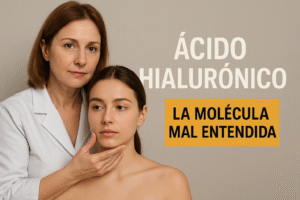 Cosmetóloga de mediana edad con bata blanca sostiene suavemente el rostro de una joven con piel limpia y expresión serena. Ambas están sobre un fondo beige, con el texto en español 'Ácido hialurónico: la molécula mal entendida' a la derecha en letras blancas y negras sobre fondo amarillo.