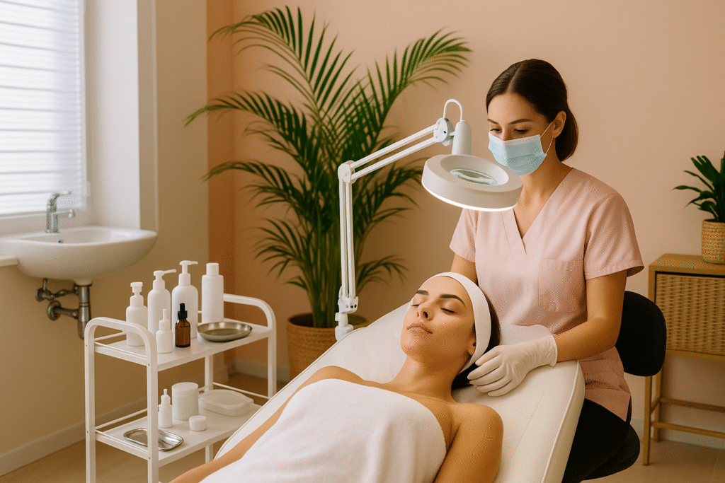 Fotografía de alta resolución de una cabina estética con paredes en tono durazno, donde una esteticista con uniforme rosa y mascarilla realiza un tratamiento facial a una clienta recostada, cubierta con una toalla blanca. La escena transmite limpieza, profesionalismo y tranquilidad, con plantas decorativas y luz natural entrando por una ventana con persiana blanca.