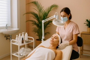 Fotografía de alta resolución de una cabina estética con paredes en tono durazno, donde una esteticista con uniforme rosa y mascarilla realiza un tratamiento facial a una clienta recostada, cubierta con una toalla blanca. La escena transmite limpieza, profesionalismo y tranquilidad, con plantas decorativas y luz natural entrando por una ventana con persiana blanca.