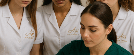 Imagen de Curso Básico de Cosmetología: Una cosmetologa aplicando un tratamiento facial mientras 3 alumnas observan detenidamente